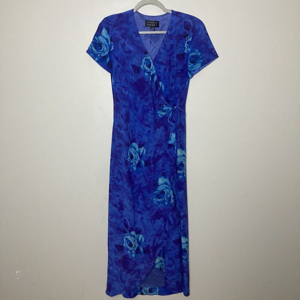 Vintage 100% Silk Spenser Jeremy Blue Rose Floral Ruffle Wrap Dress